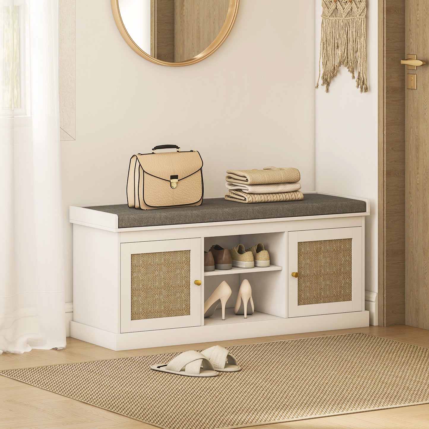 Bafisa Wooden White Boho Shoe Bench With Cushioned Seat And Rattan Doors
