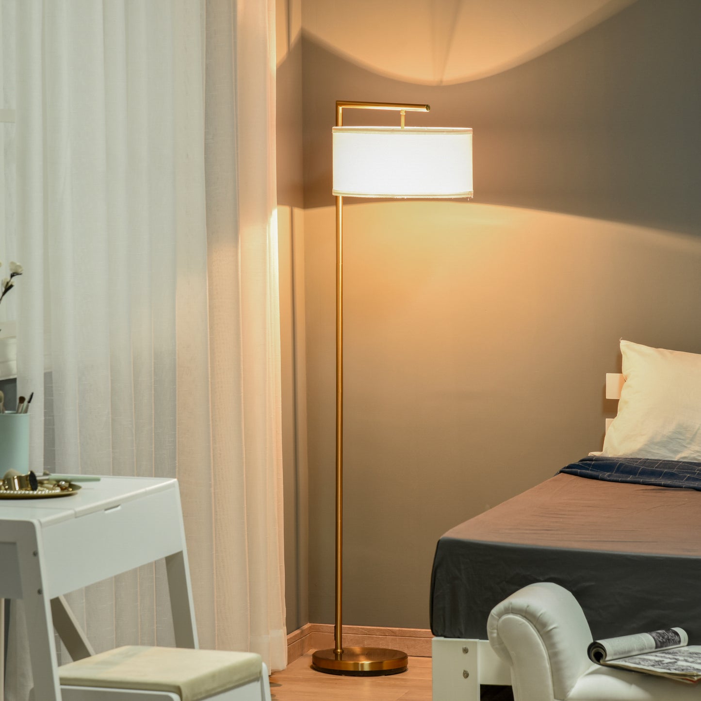 Kesu Rolo Metal And Fabric Gold And White Modern Floor Lamp With Linen Shade 153 cm