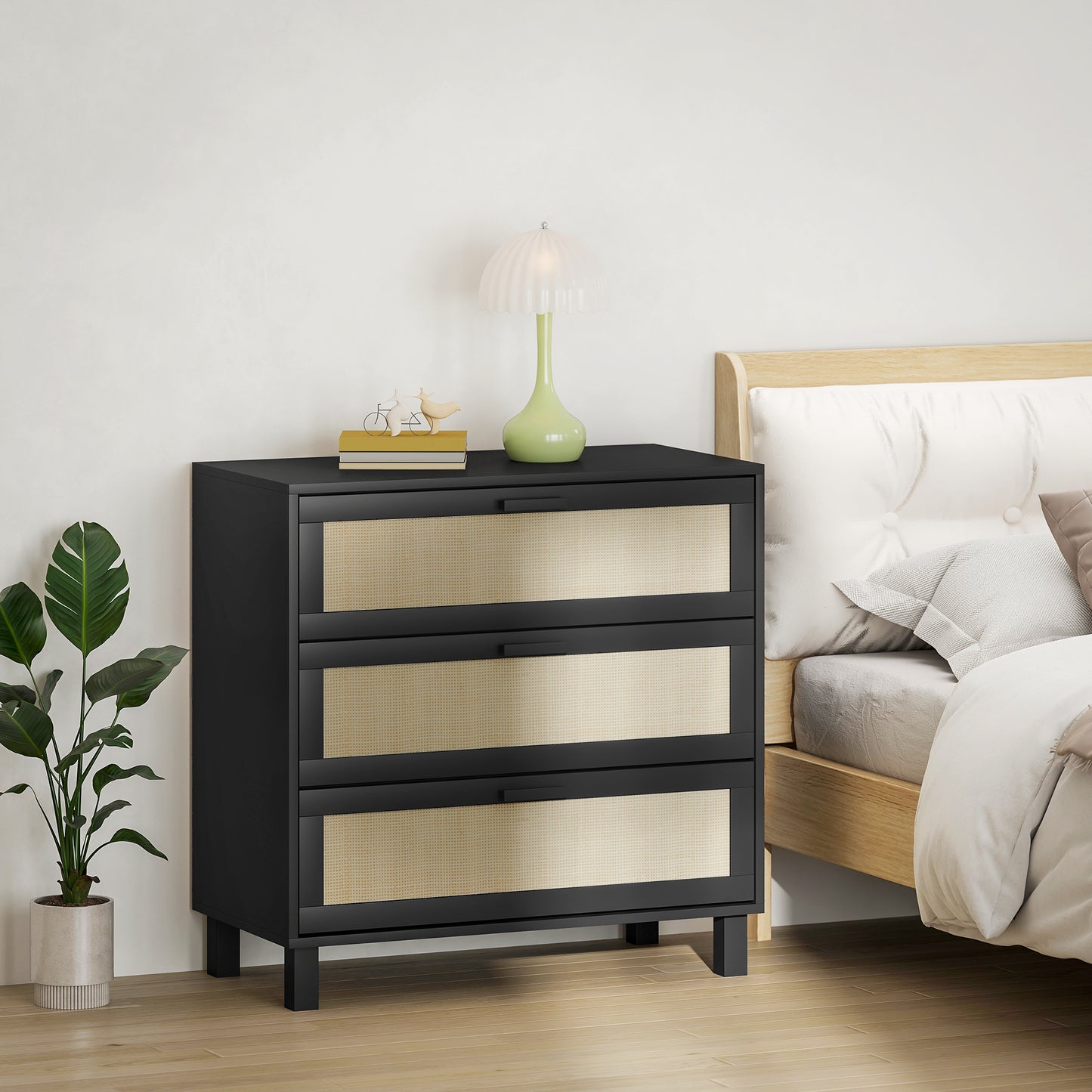 Yorami Wood And Rattan Black 3 Drawer Boho Storage Chest