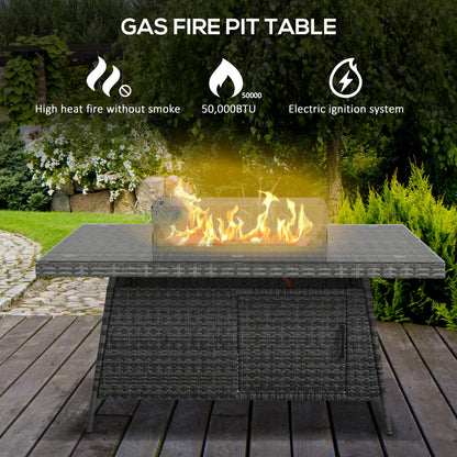 Ravezi Rattan Grey 6 Seater Garden Dining Set With Fire Pit Table Glass