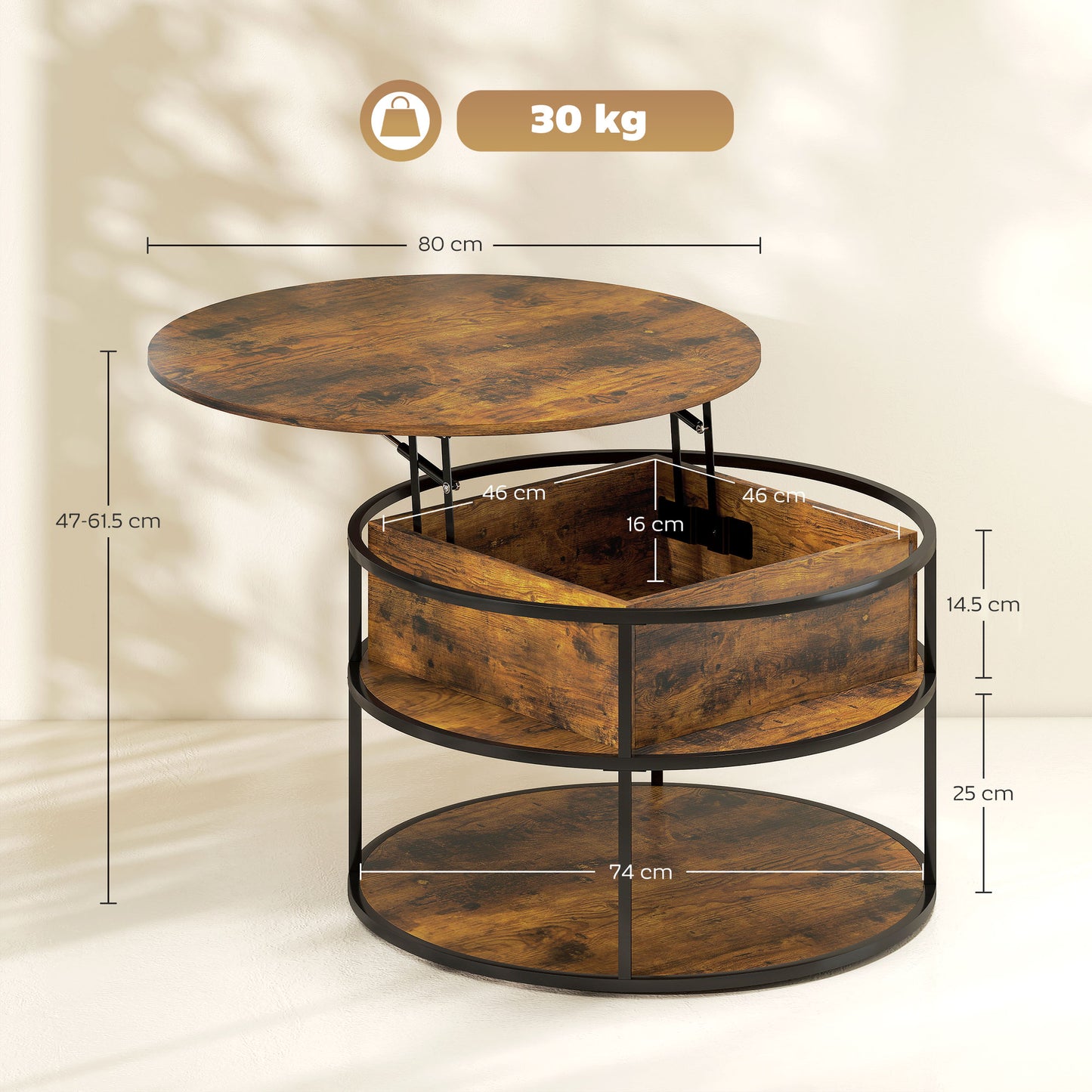 Renata Metal And Wooden Brown Round Lift Top Coffee Table With Hidden Storage
