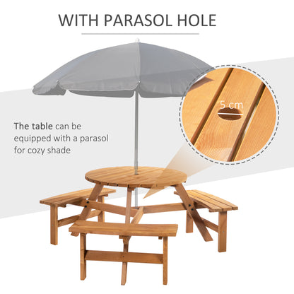 Bare Wood Brown Red 6 Seater Round Picnic Table With 3 Benches And Parasol Hole