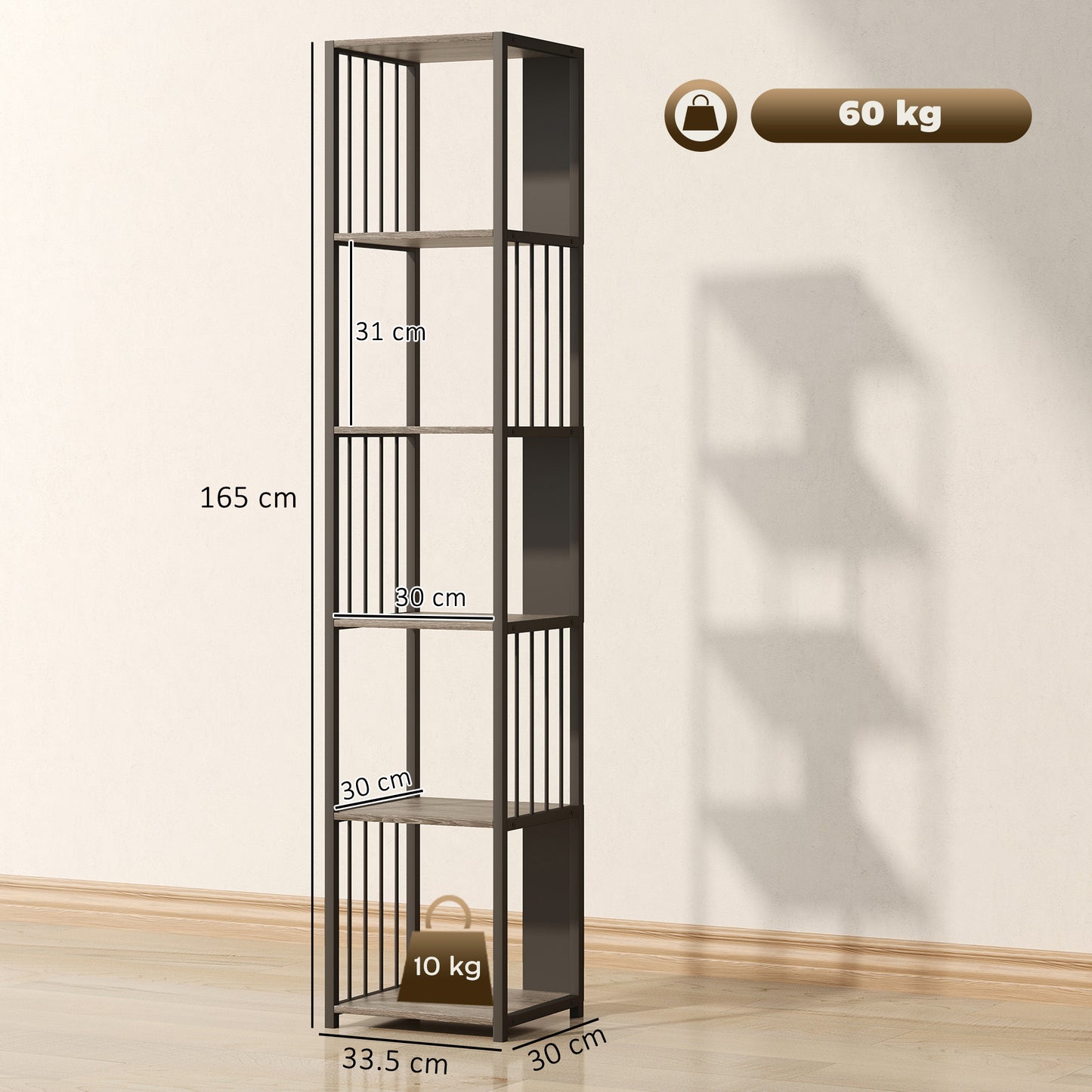 Reseka Metal And Wood Grey 5 Tier Bookshelf With Steel Frame