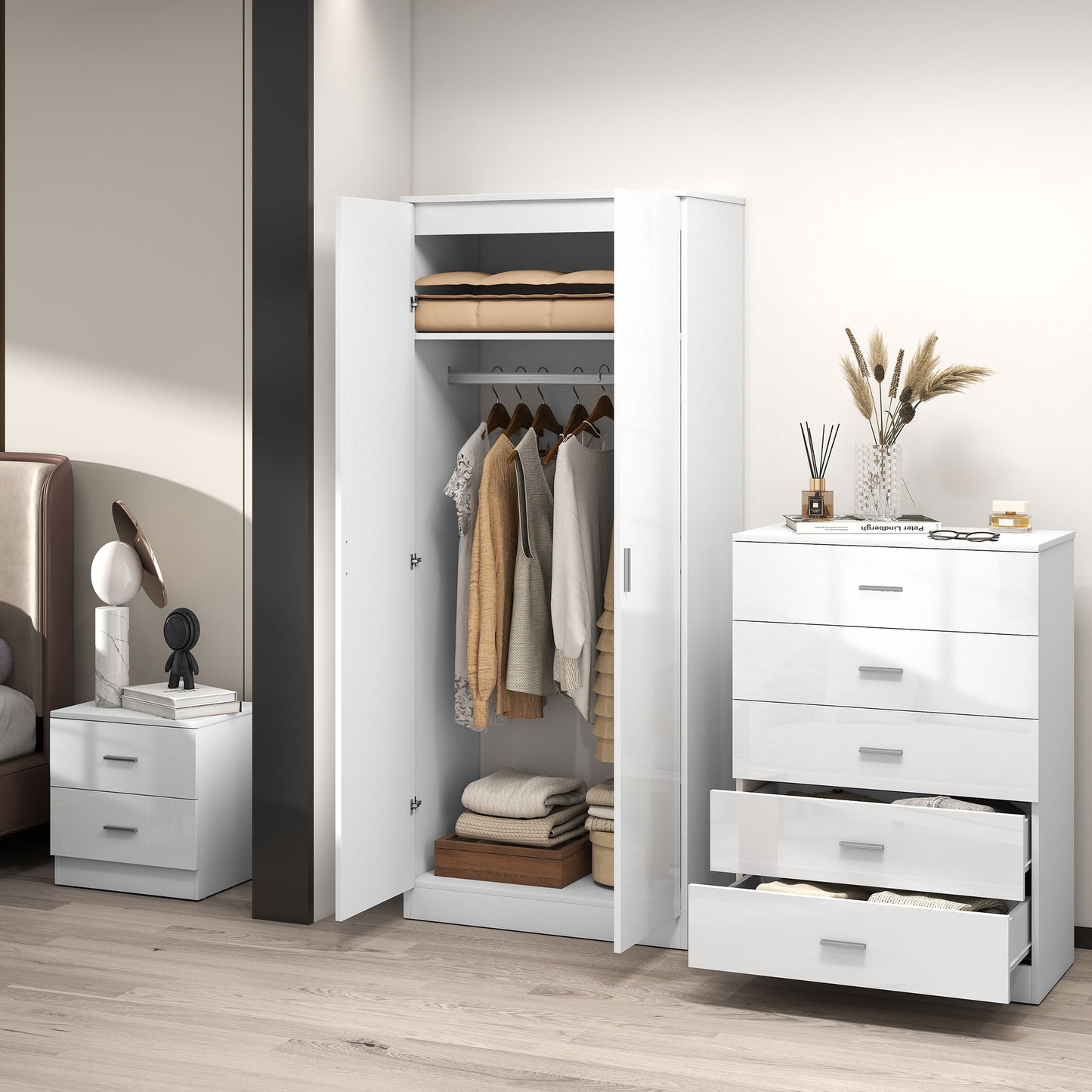 Belatera High Gloss White 3 Piece Bedroom Furniture Set Wardrobe Chest of Drawers And Bedside Table