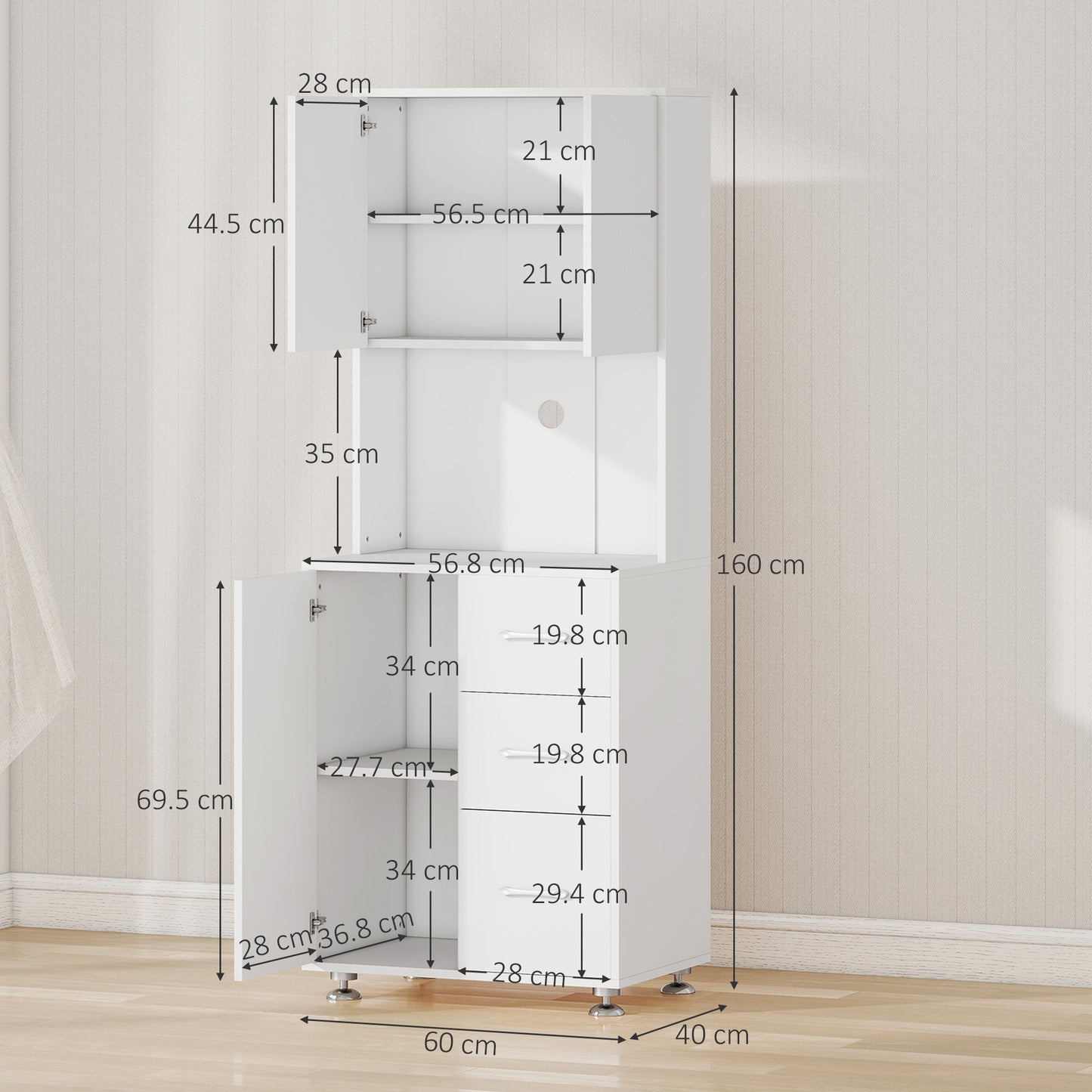 Cohana Wooden White Modern Kitchen Cupboard With 3 Drawers And Open Counter