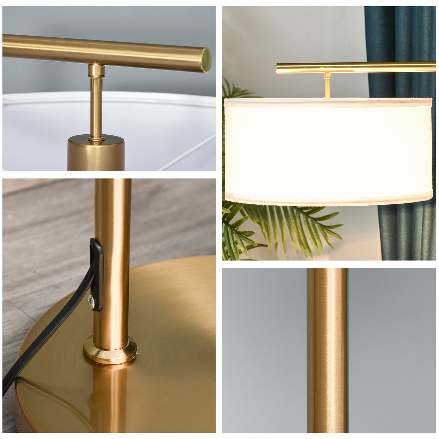 Kesu Rolo Metal And Fabric Gold And White Modern Floor Lamp With Linen Shade 153 cm