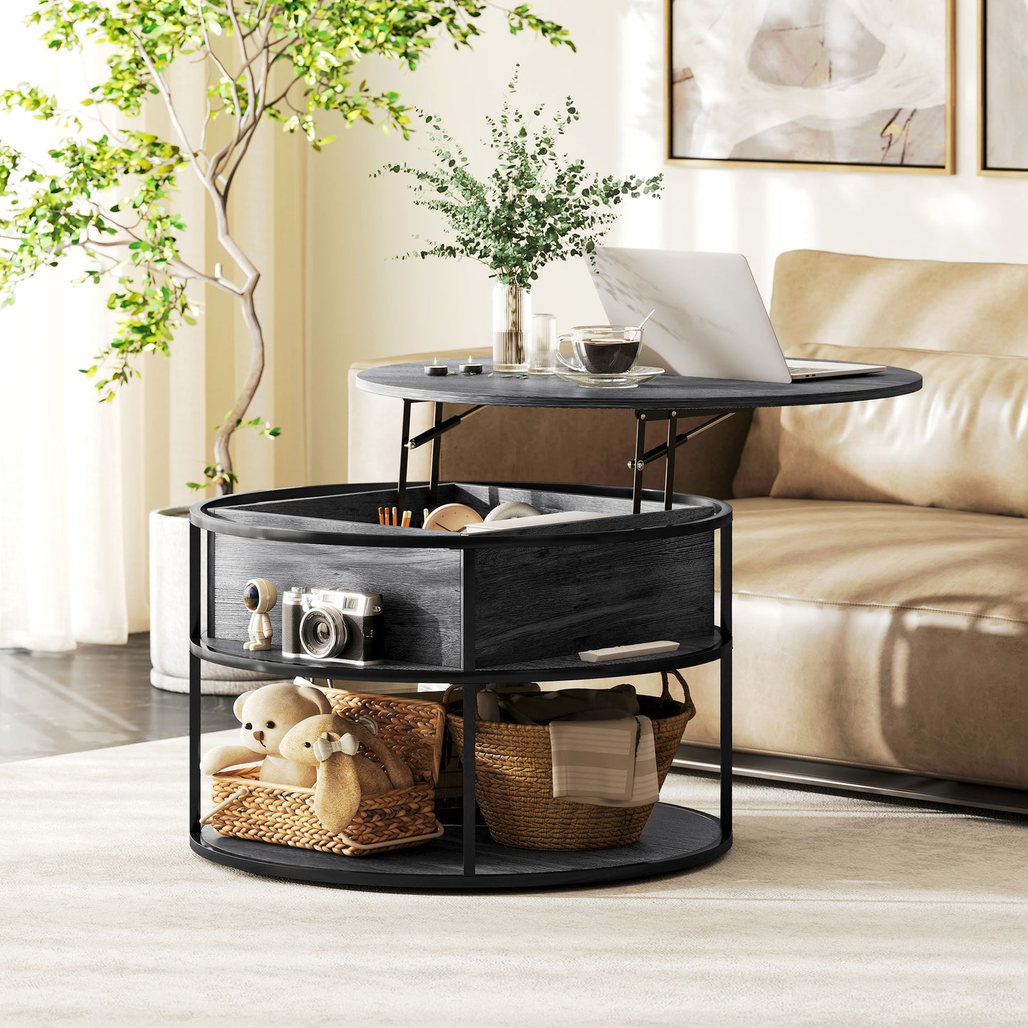 Diha Metal And Wooden Dark Grey Round Lift Top Coffee Table With Hidden Storage