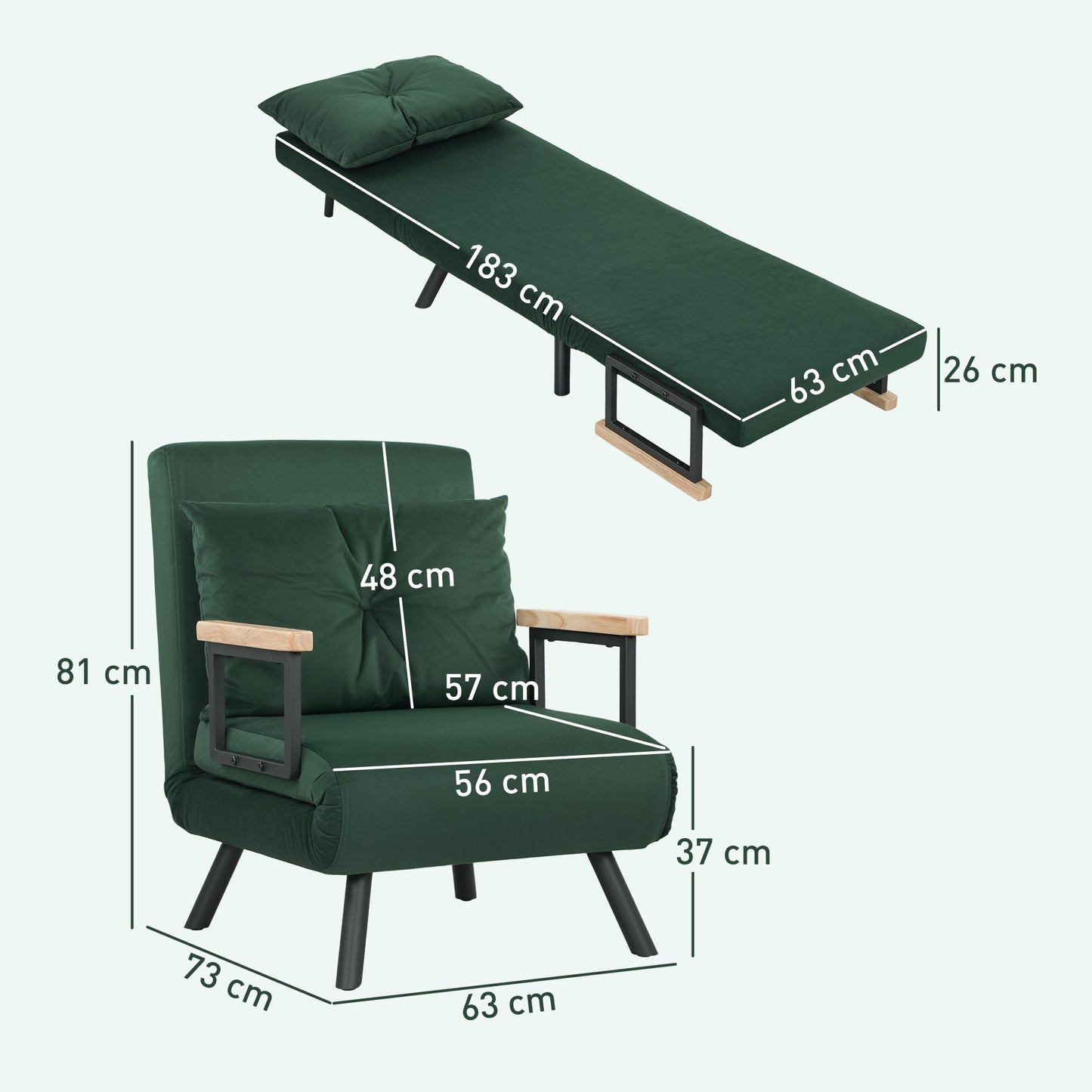 Zifayo Velvet Green 4 In One Convertible Single Chair Bed With Cushion
