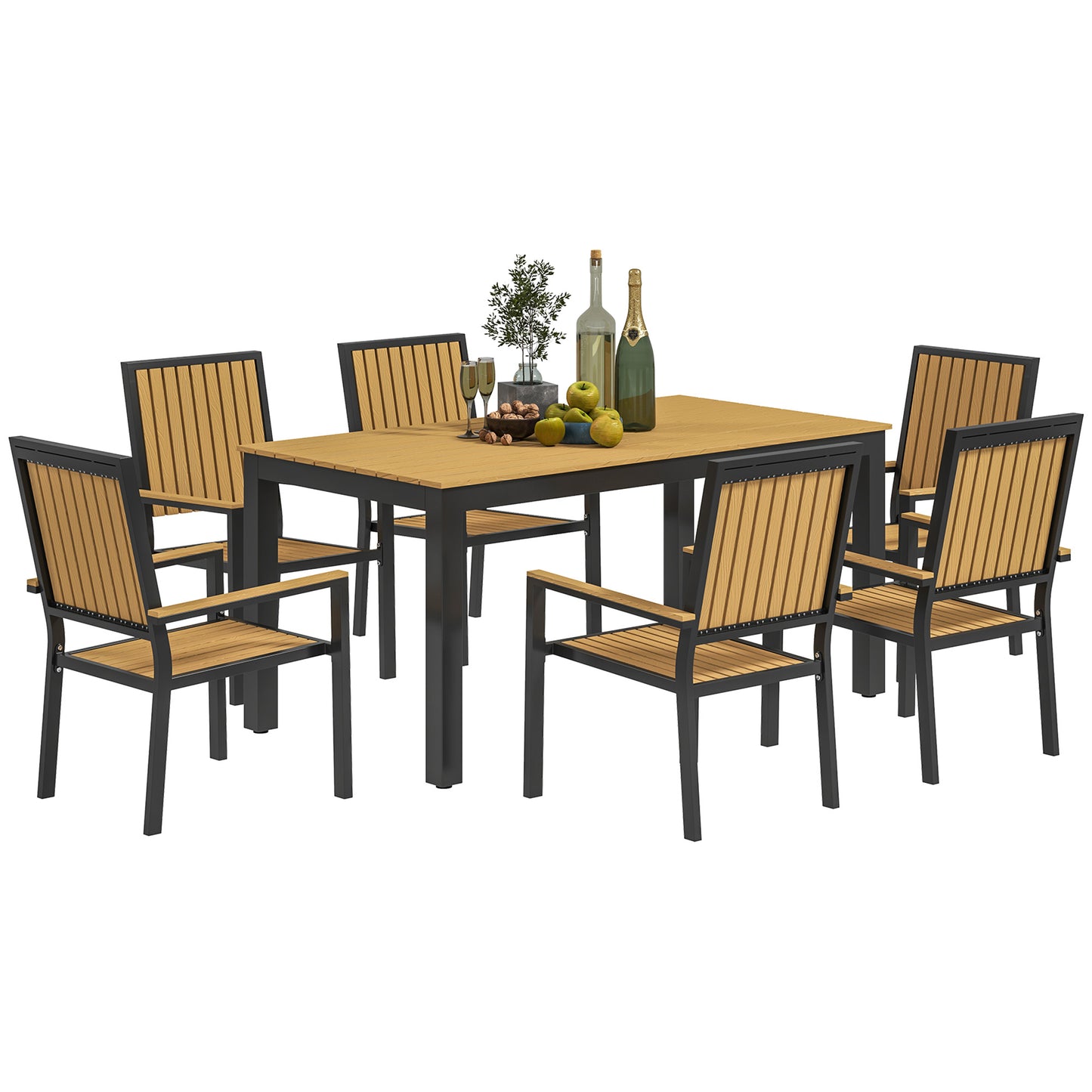 Rido 6 Seater Natural Wood and Black Metal Garden Dining Set with Stackable Chairs