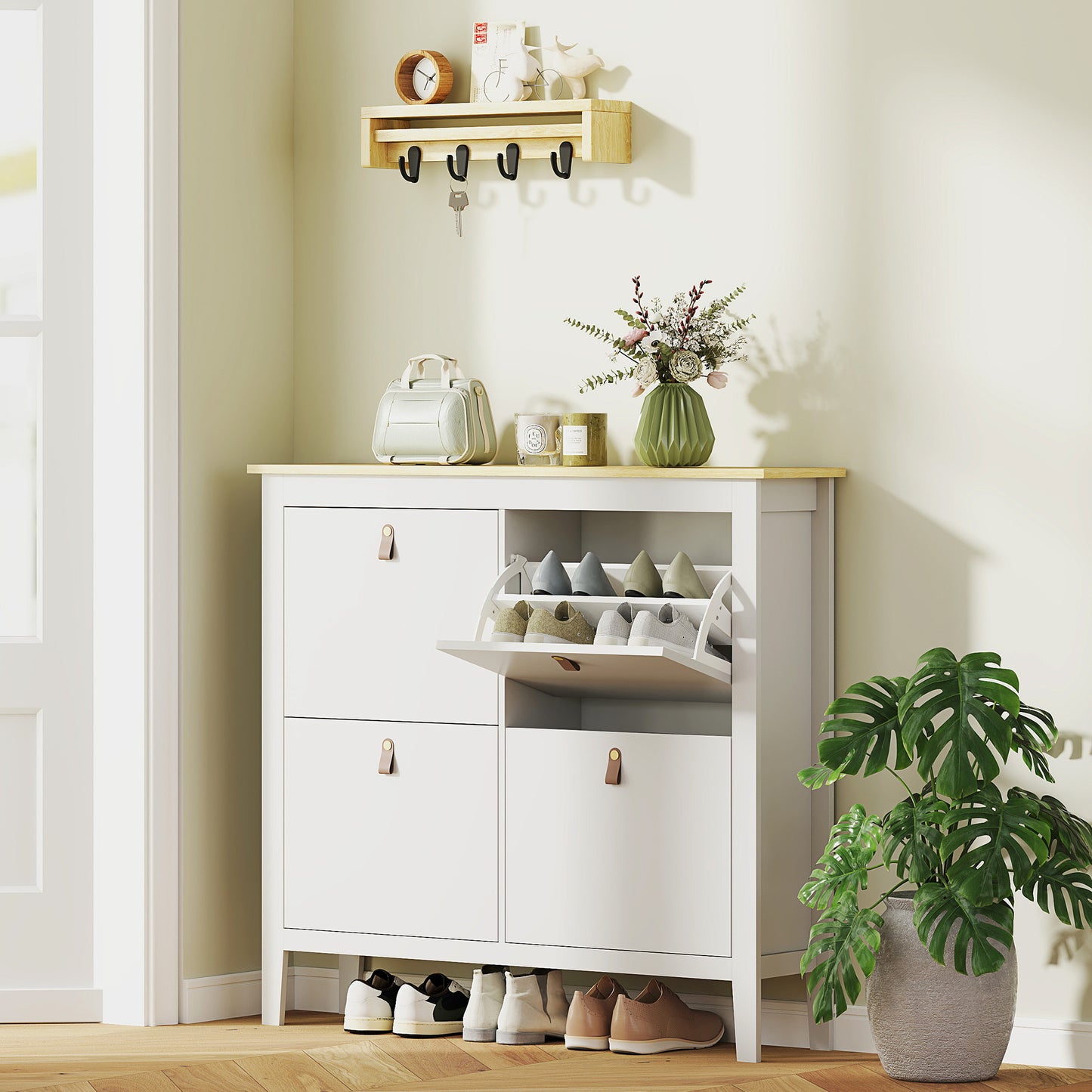 Milese Wooden White and Natural Modern 4 Drawer Shoe Cabinet Faux Leather Handles