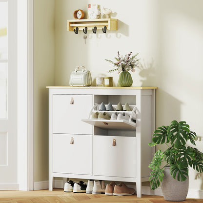 Milese Wooden White and Natural Modern 4 Drawer Shoe Cabinet Faux Leather Handles