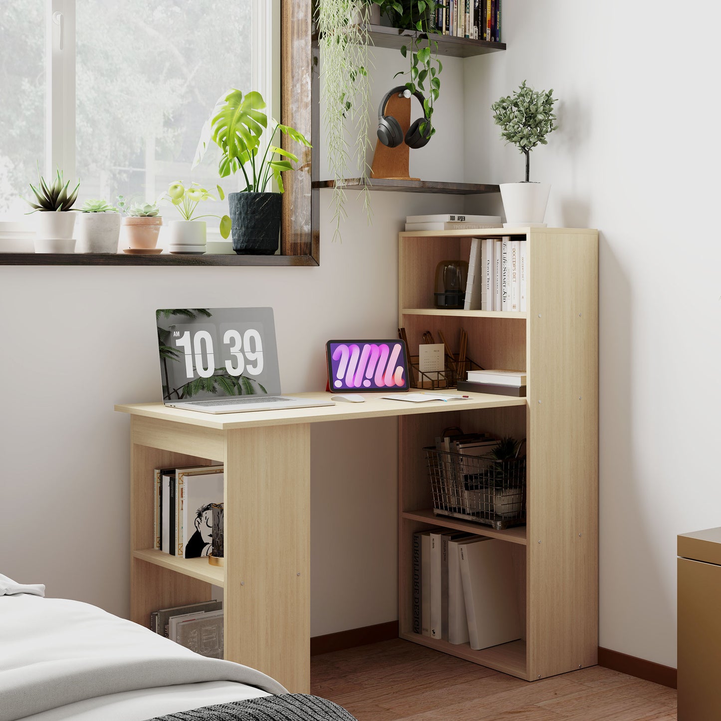 Mane 120cm Natural Wood Study Desk With 6 Tier Bookshelf Storage