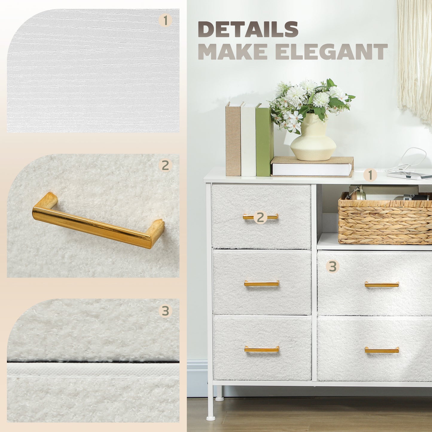 Haso Metal And Fabric Cream White 8 Drawer Boucle Storage Chest With Charging Station