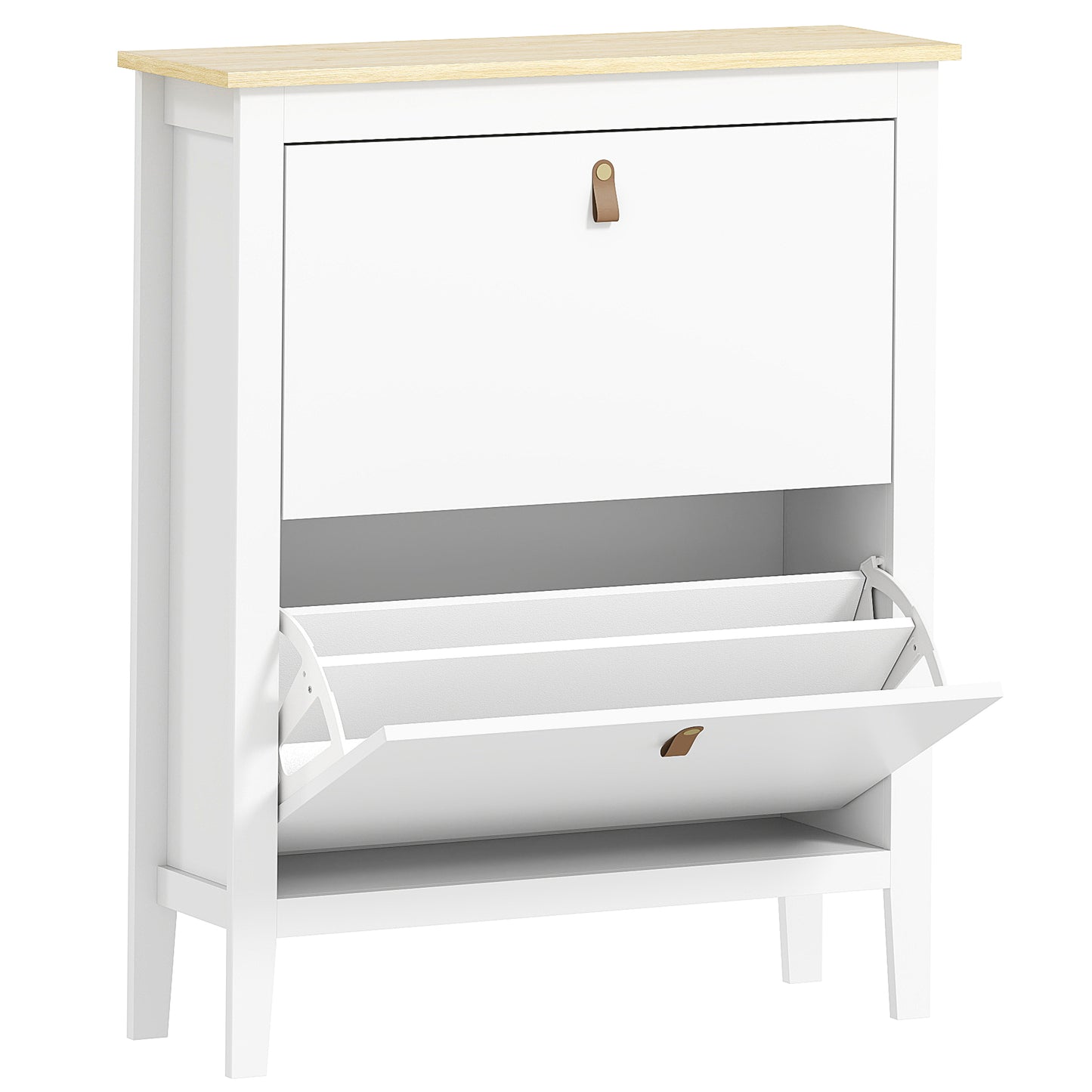 Rimi Wooden White and Natural 2 Drawer Shoe Cabinet Faux Leather Handles