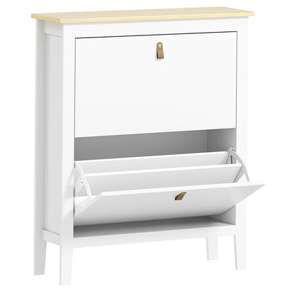 Rimi Wooden White and Natural 2 Drawer Shoe Cabinet Faux Leather Handles