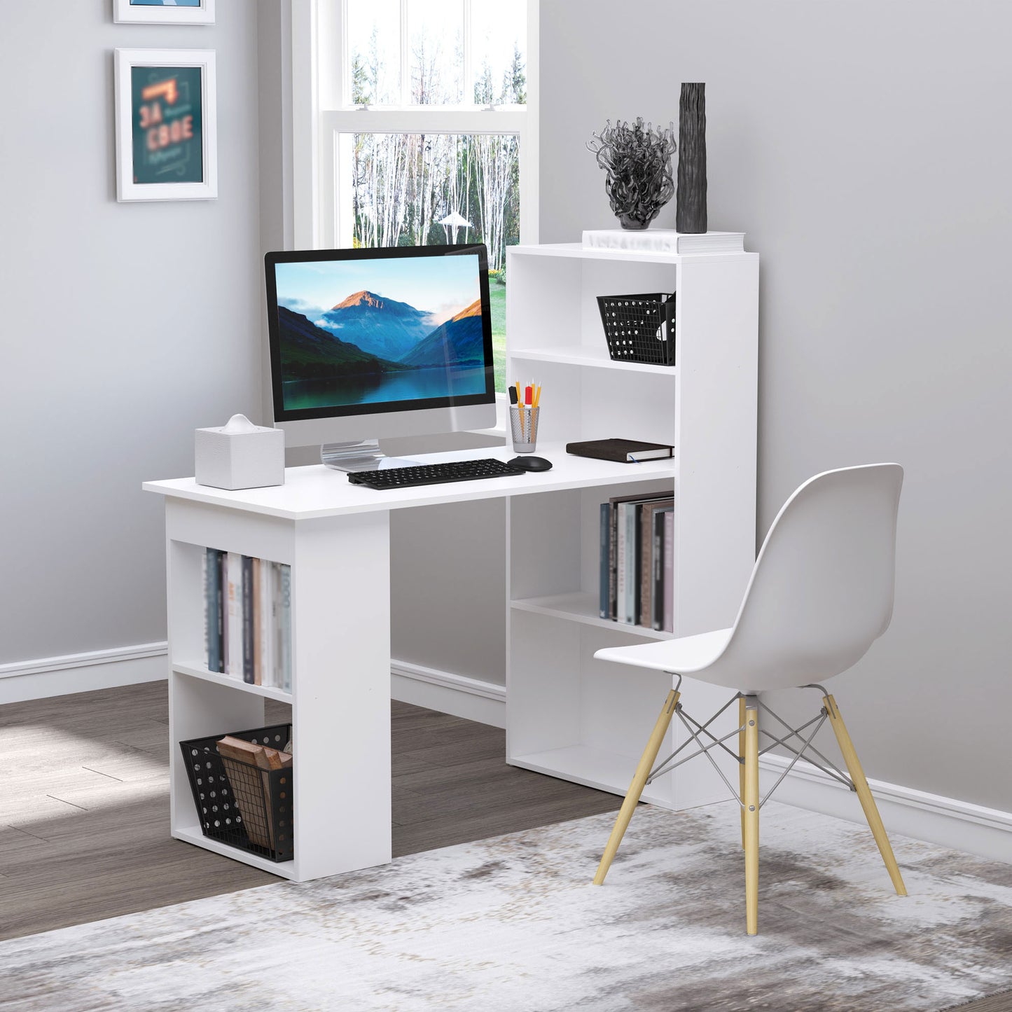 Zire 120cm Wooden White Study Desk With 6 Tier Bookshelf Storage