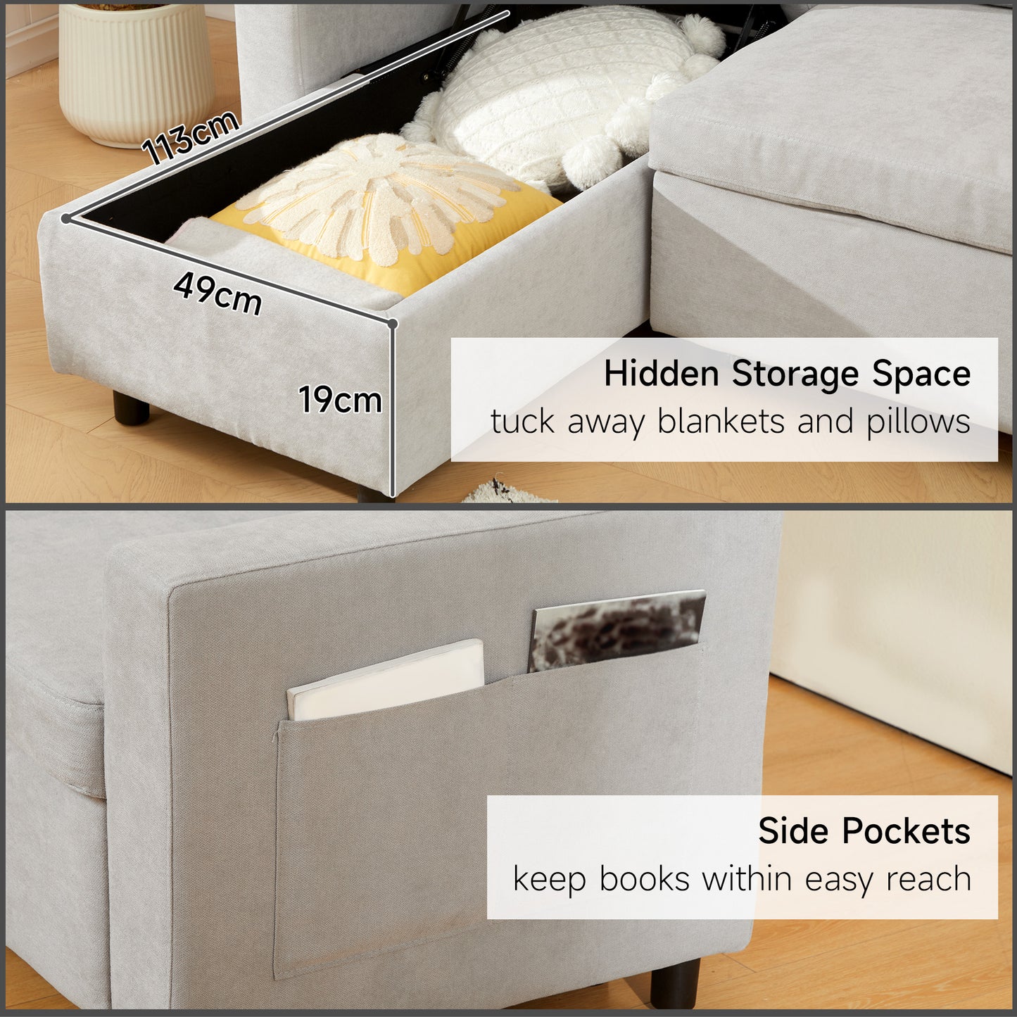Tafaha Light Grey Pull Out Sofa Bed With Storage and Side Pockets