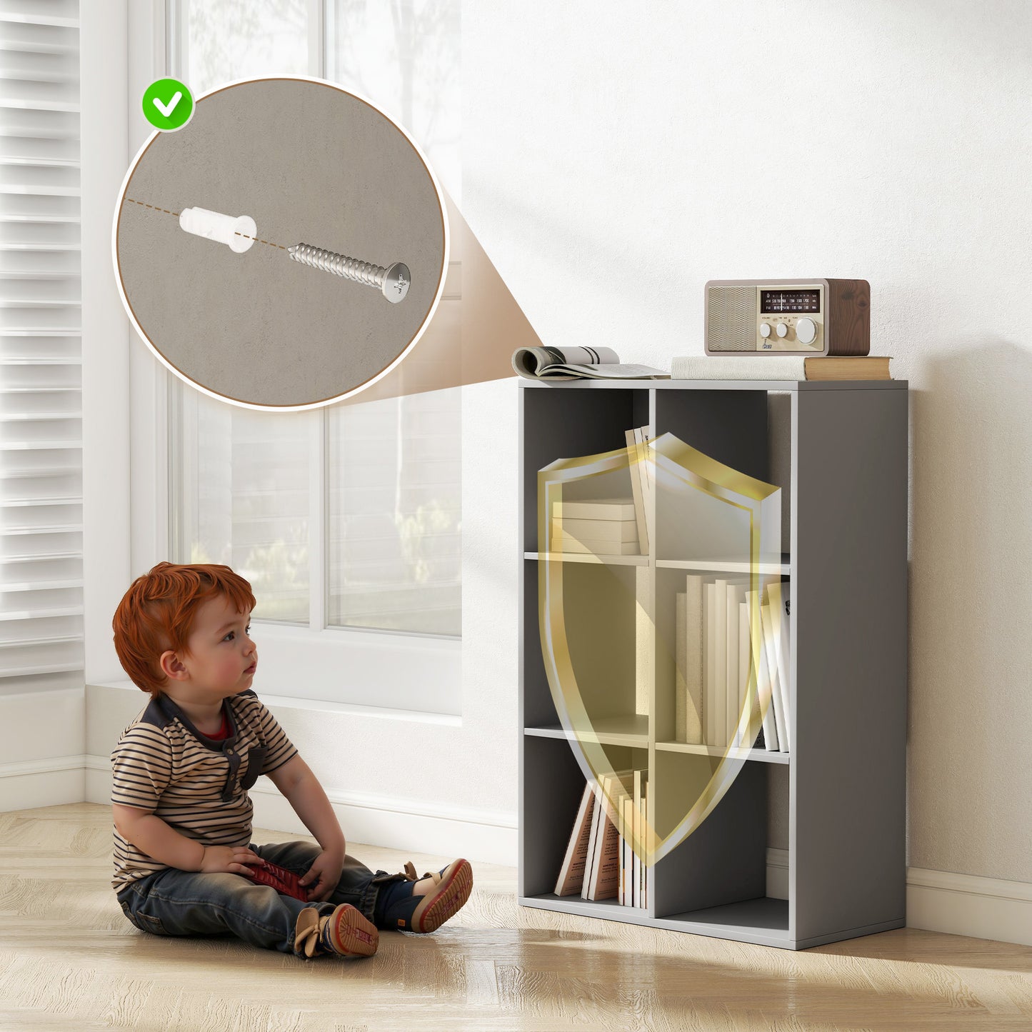 Salusosu Wooden Light Grey 6 Cube Storage Bookcase
