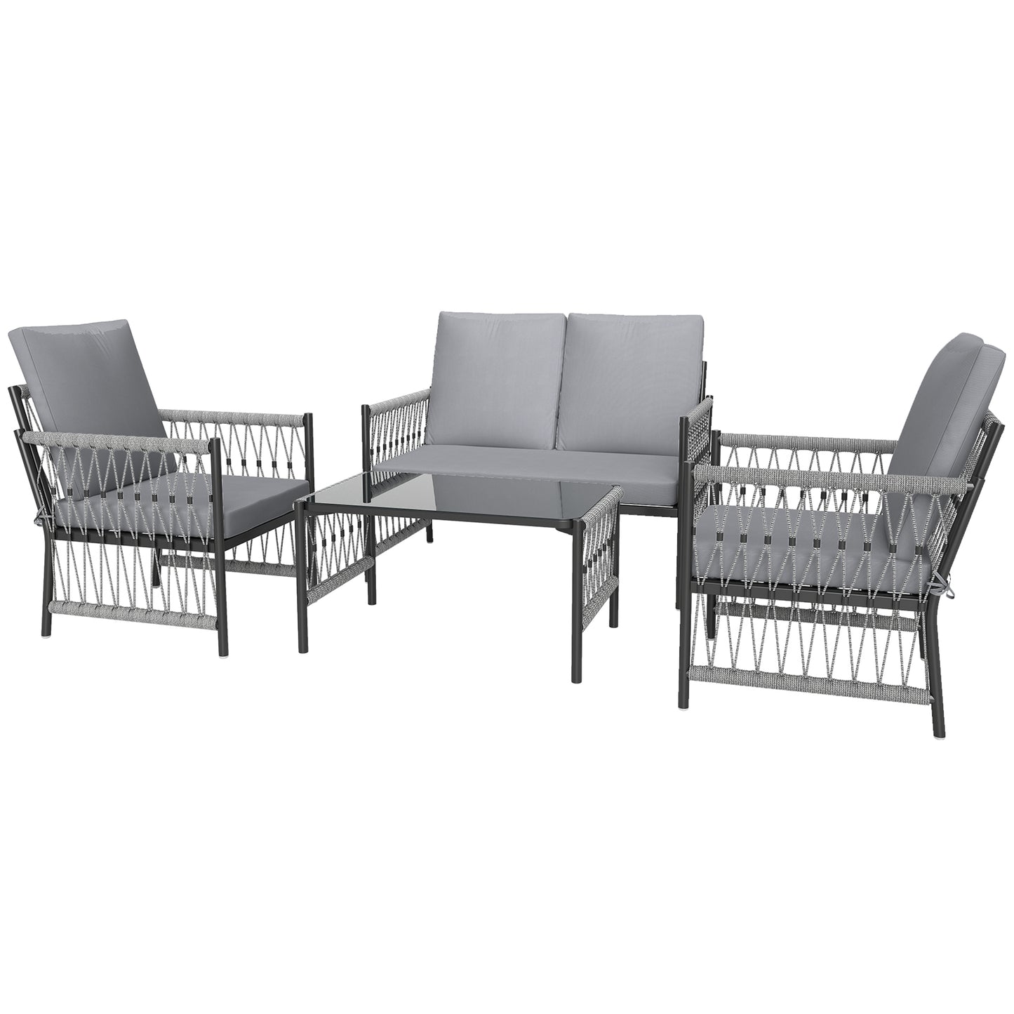 Zike Rattan Grey 4 Seater Outdoor Sofa Conversation Set With Glass Coffee Table