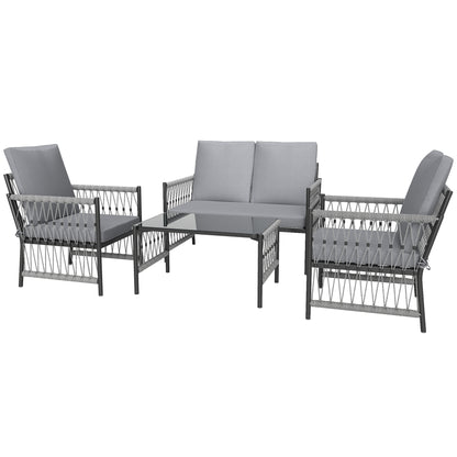 Zike Rattan Grey 4 Seater Outdoor Sofa Conversation Set With Glass Coffee Table
