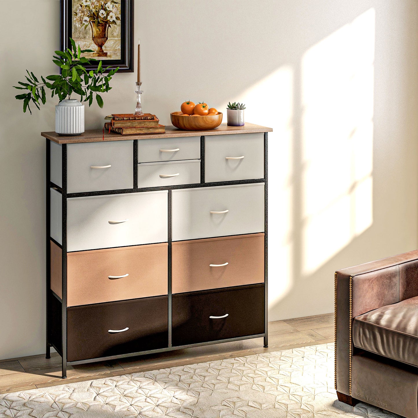 Sare Metal And Fabric Multicolour 10 Drawer Storage Dresser With Foldable Drawers And Steel Frame