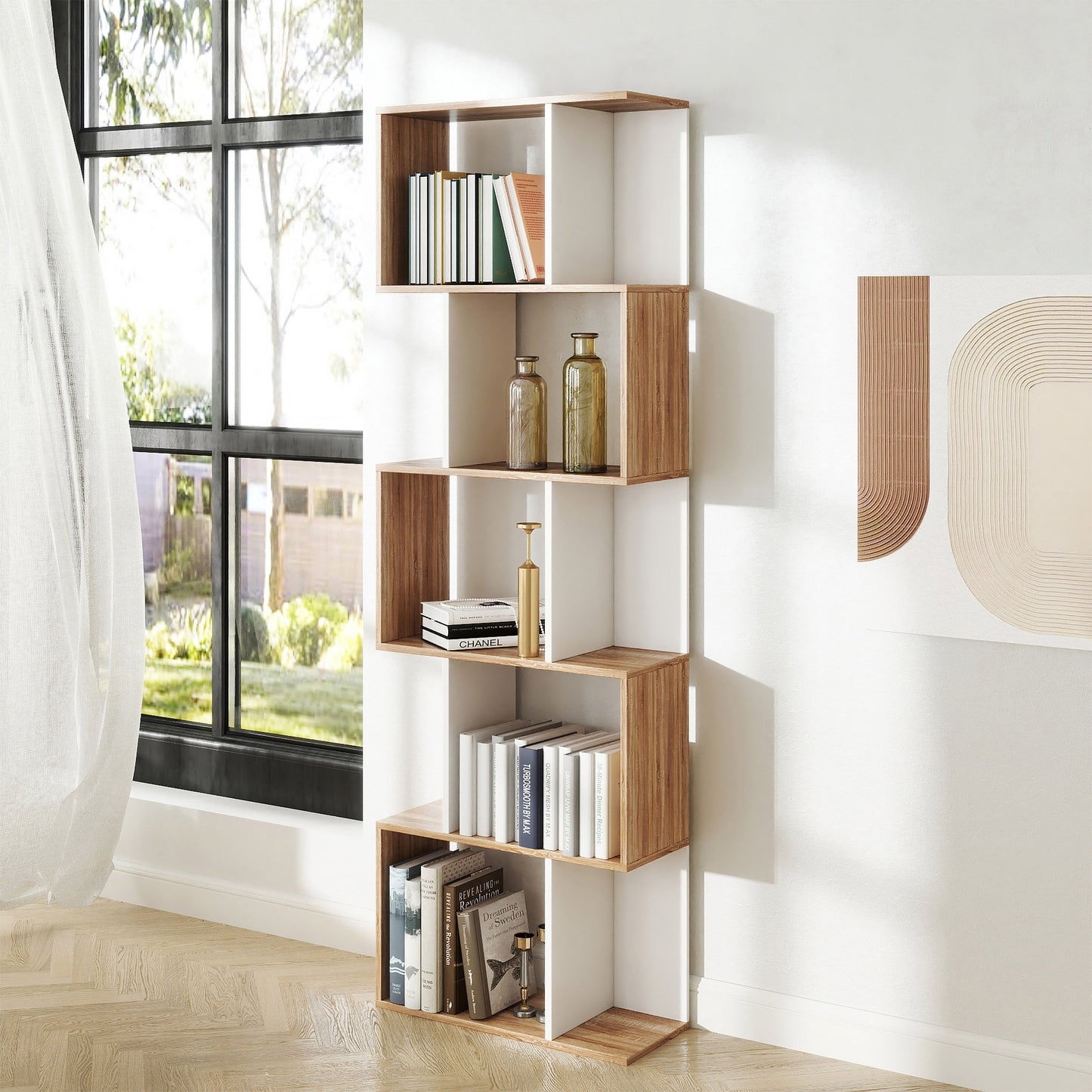 Soli Leco Wood Oak And White S ShaFauxd Freestanding Bookcase With 5 And 6 Tier Layout