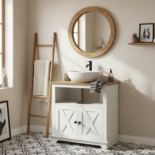 Venole  White Under Sink Vanity Storage Cabinet With Double Doors And Internal Shelving 60x30x60cm