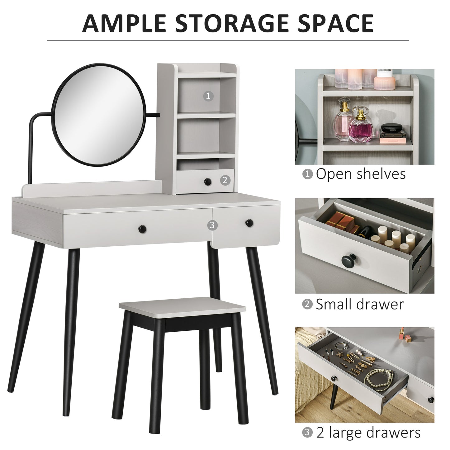 Ravato Grey Dressing Table And Stool Set With 3 Drawers And OFauxn Shelving