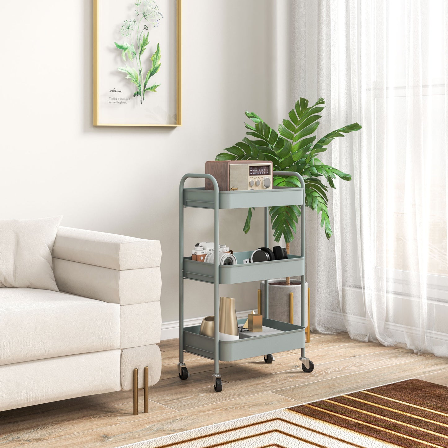 Ravito Fari Metal Light Blue 3 Tier Steel Storage Trolley