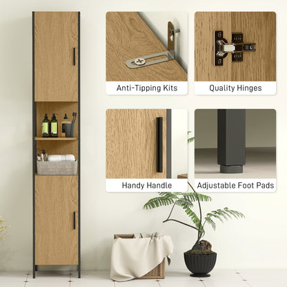 Rambette Tall Bathroom Storage Cabinet With Double Doors OFauxn Compartments And Adjustable Shelves Natural Wood Finish