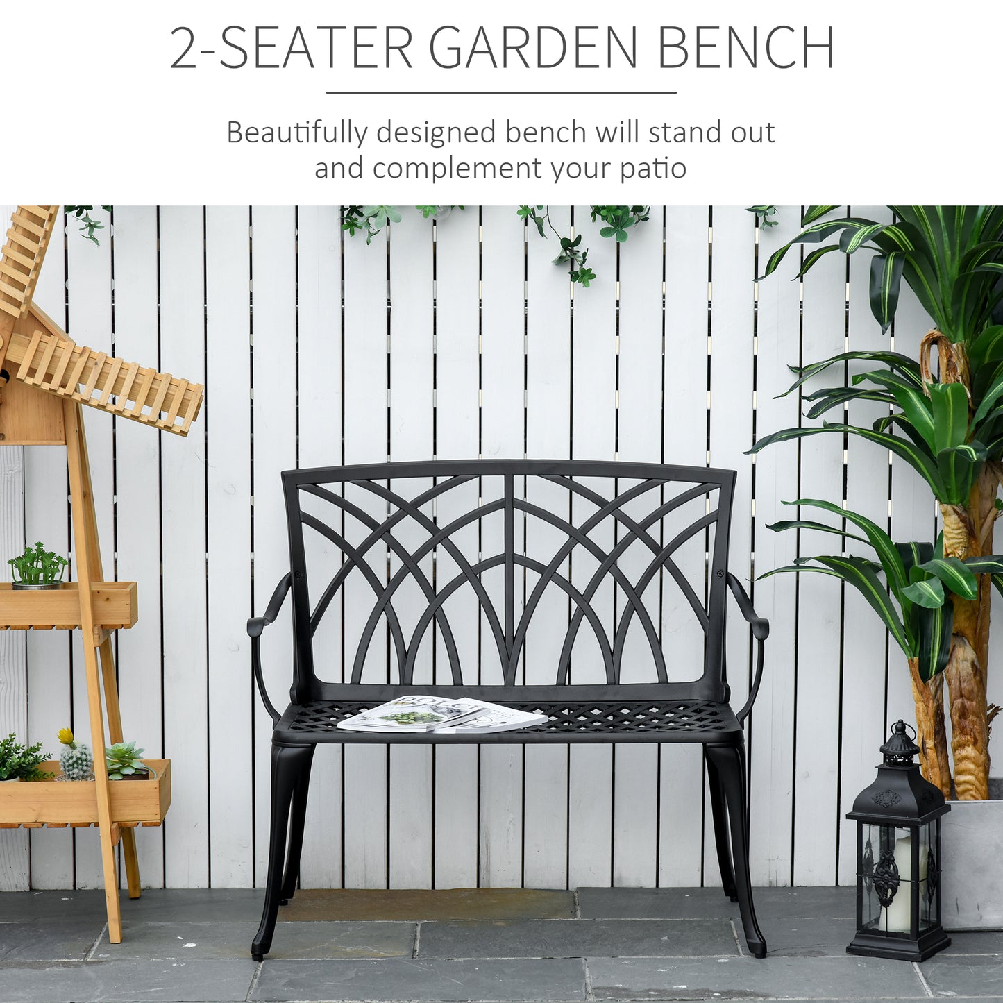 Elsu 2 Seater Outdoor Garden Bench Black Cast Aluminium Antique Finish