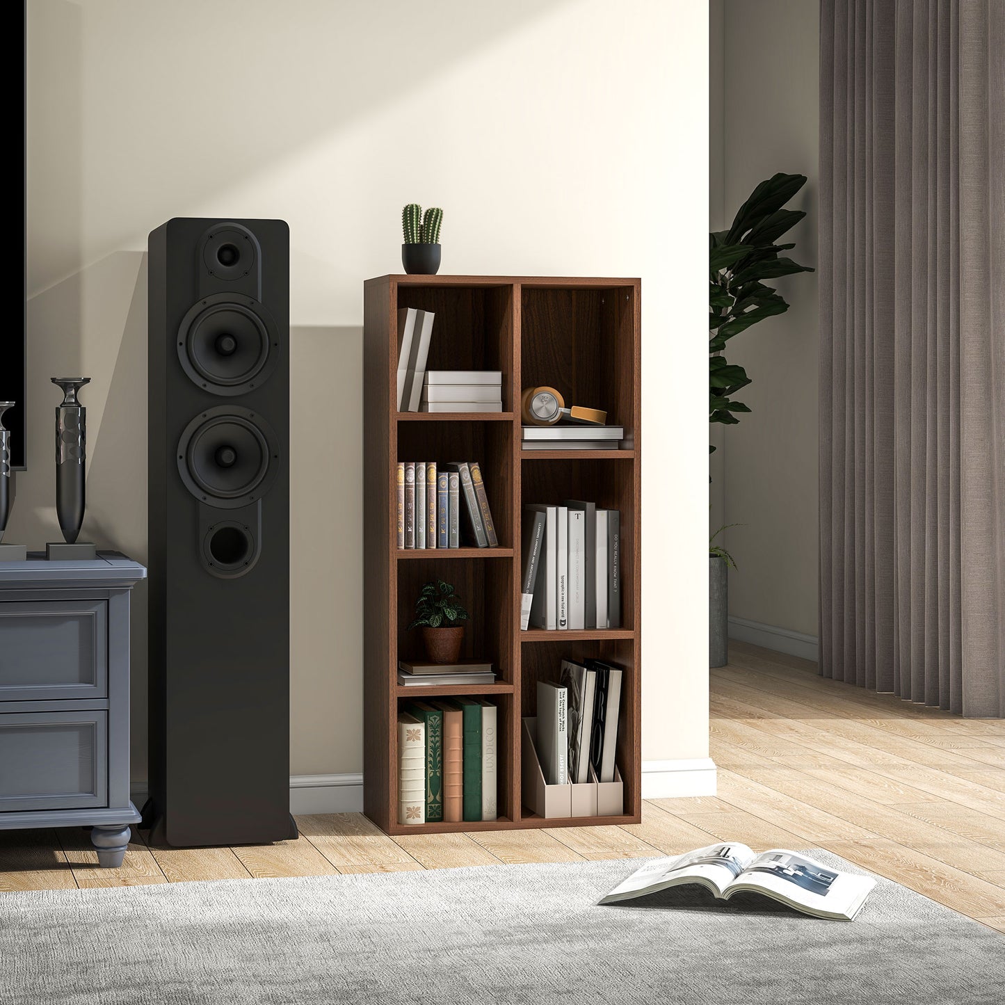 Nofivi Yofa Wood Walnut Effect 7 Cube Storage Bookcase