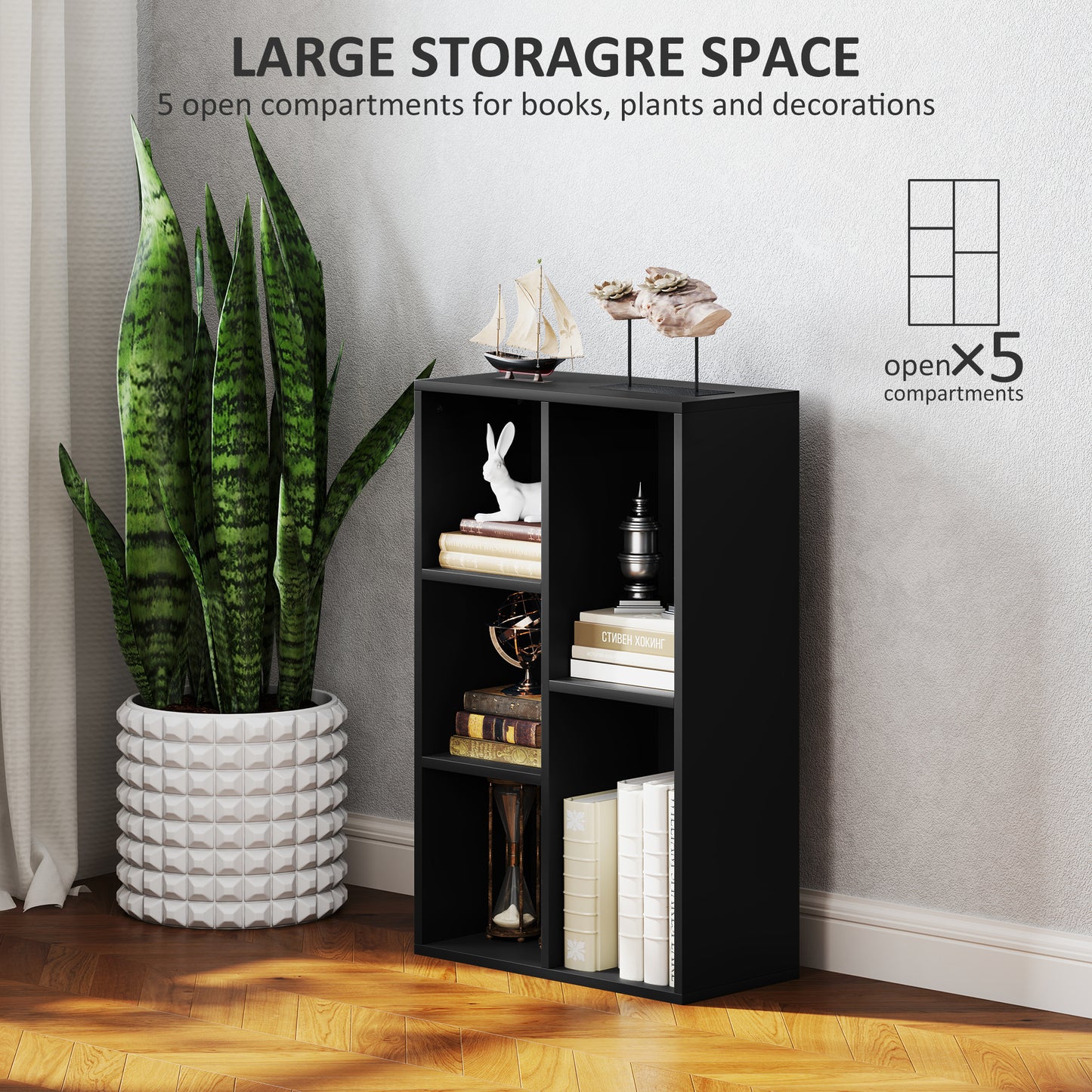Vakeri Wood Black 2 Tier Bookcase With 5 Storage Compartments