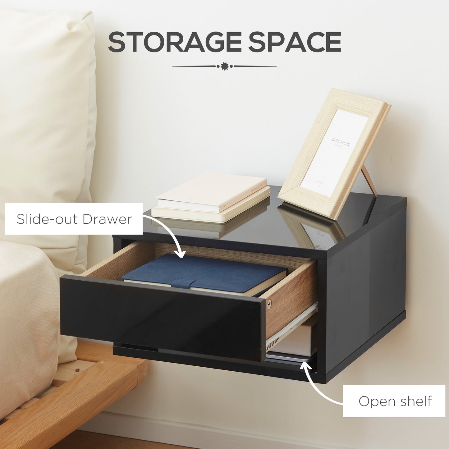 Fisaro Set Of 2 High Gloss Black Floating Bedside Tables 1 Drawer 1 Shelf