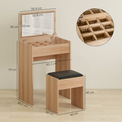 Nolena Natural Wood Vanity Desk With Flip Mirror Cushioned Stool And Storage