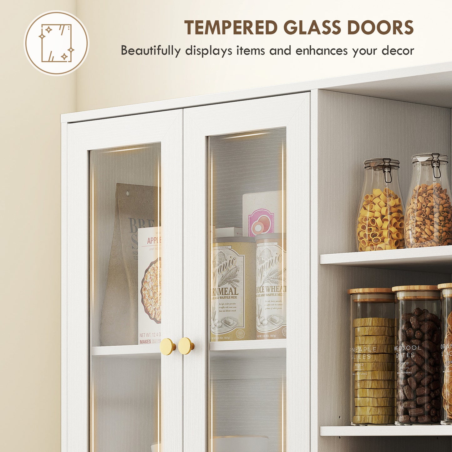 Samalo Wooden White Wood Effect Kitchen Storage Cabinet With Glass Doors