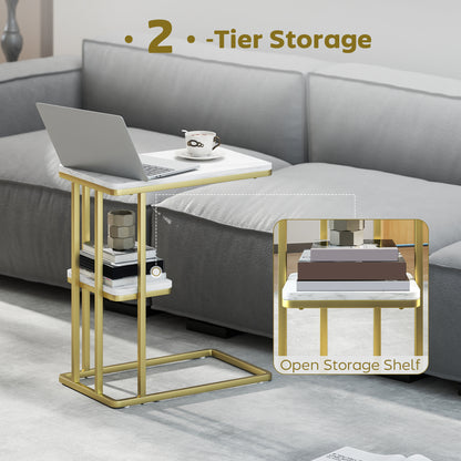 Neso Metal And Wooden White Marble Grain Slim C Shaped Side Table With 2 Tier Storage