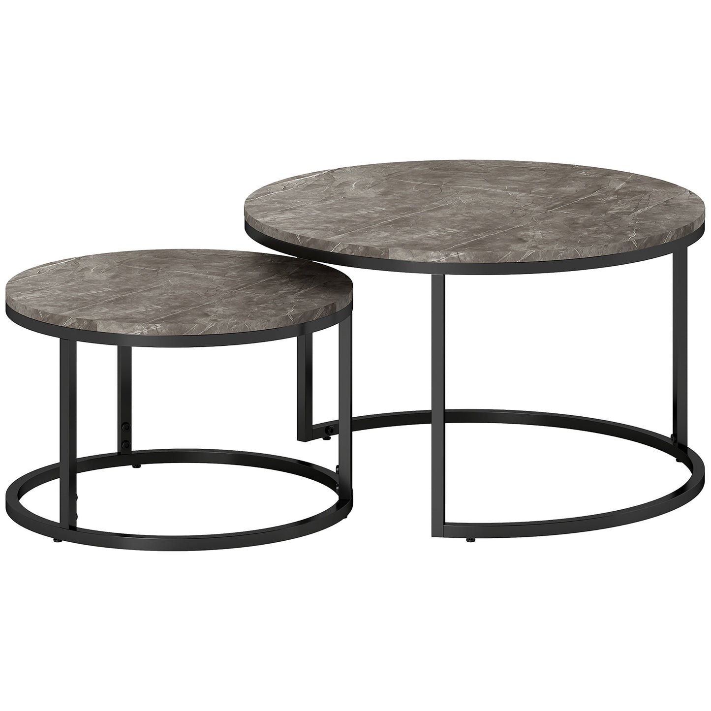Reniso Set Of 2 Metal And Wood Marble Effect Industrial Round Nesting Coffee Tables