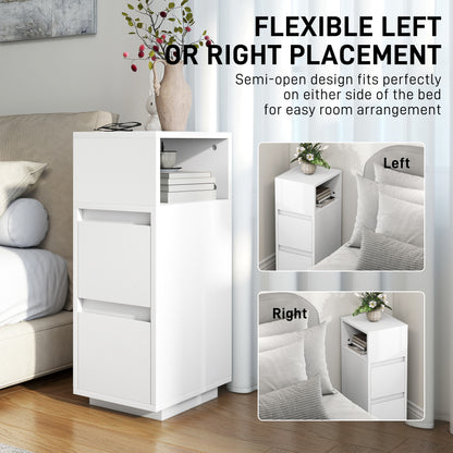 Nineso Valu White Slim Bedside Table With 2 Drawers And Open Shelf
