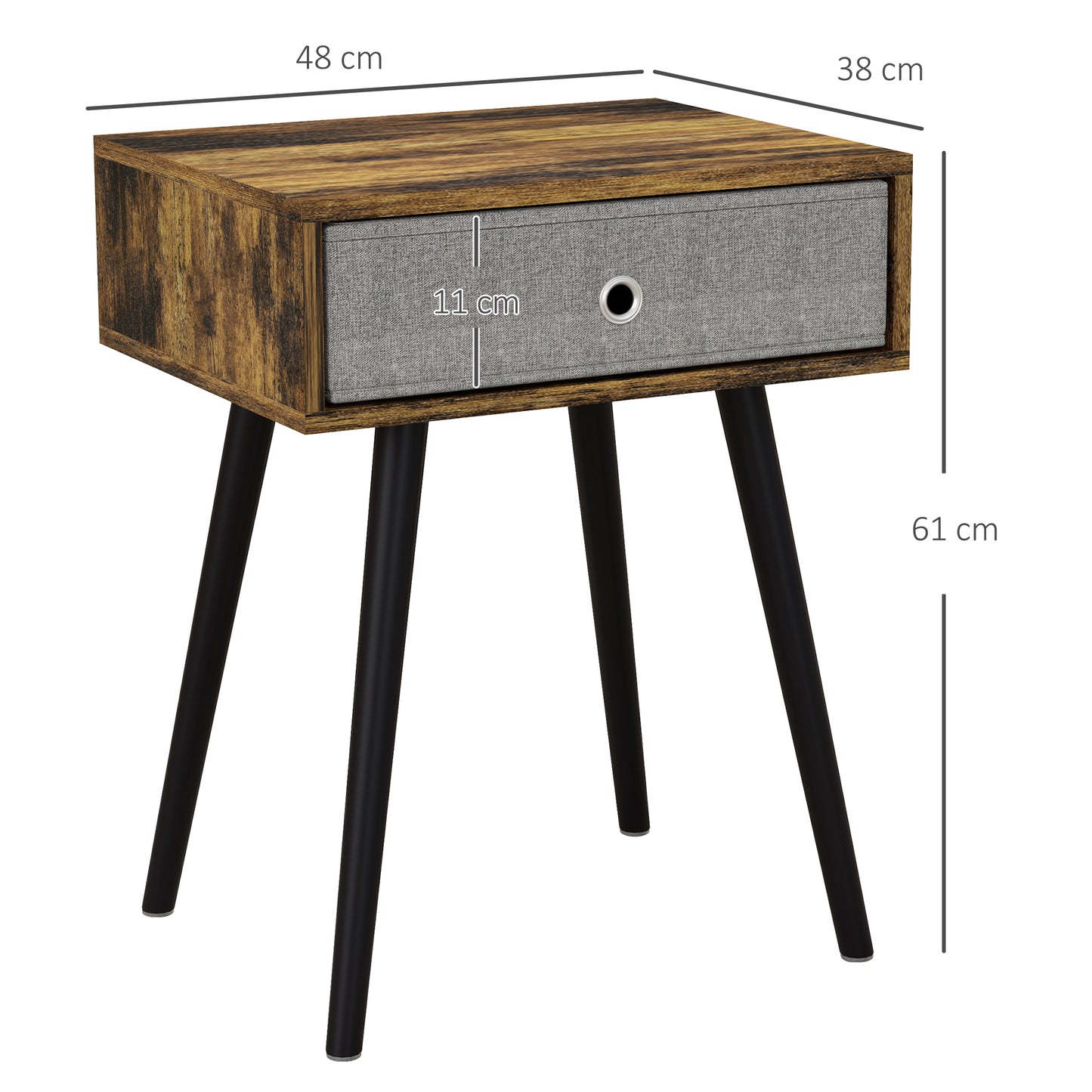 Loyo Set Of 2 Wooden Rustic Brown Industrial Bedside Tables With Grey Fabric Drawer
