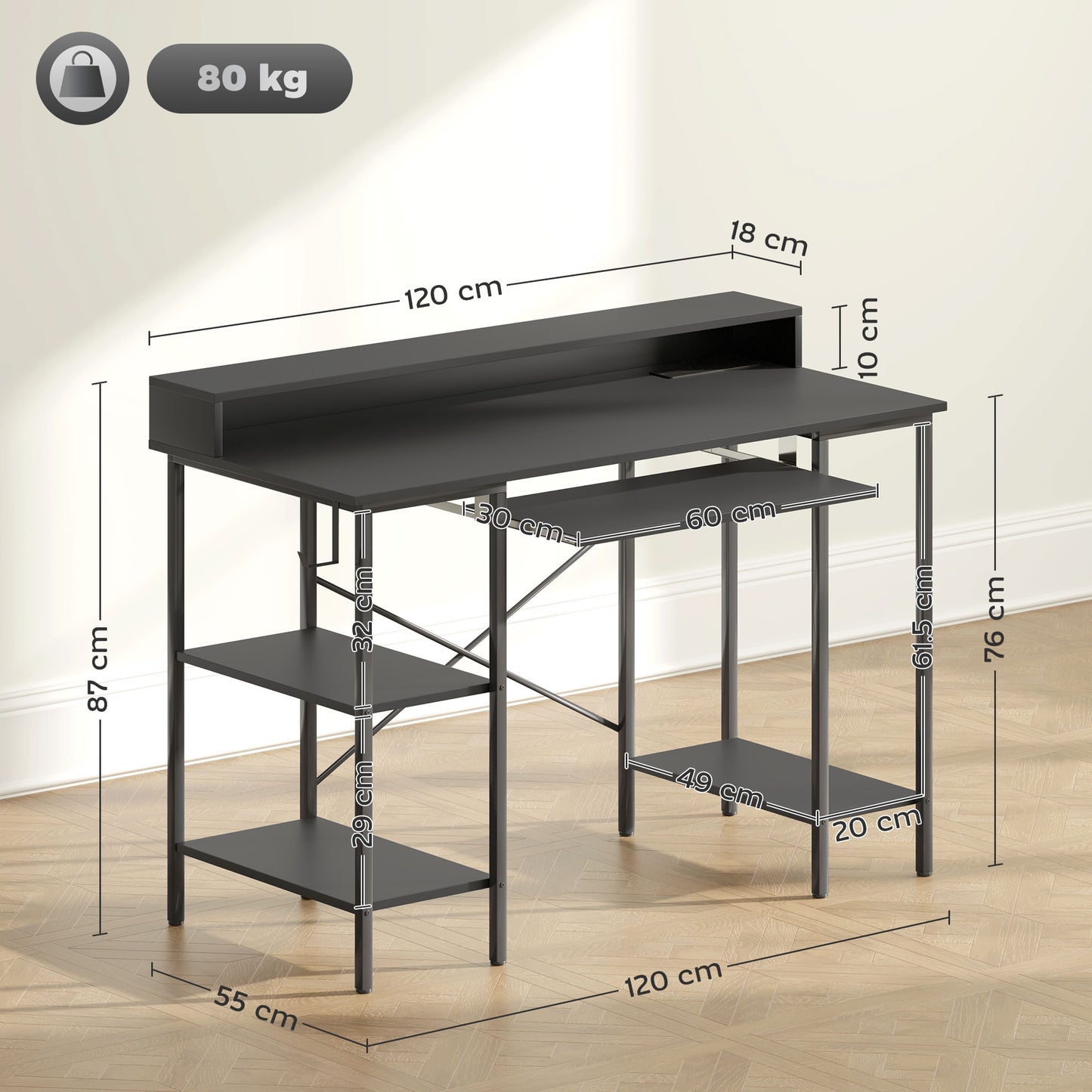 Dino 120cm Black Gaming Desk With LED Lighting Power Outlets Monitor Stand And Keyboard Tray