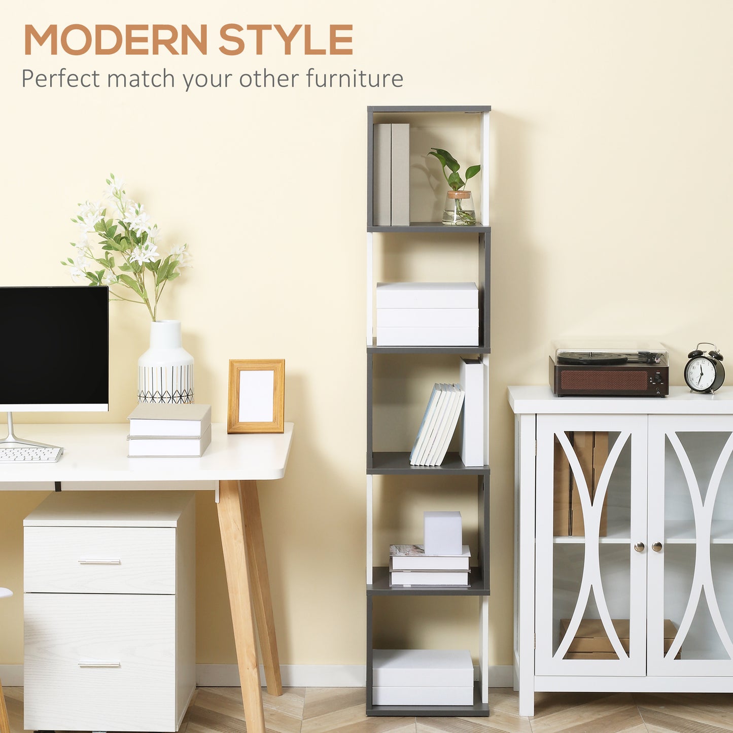 Lale Wood White And Dark Grey 5 Tier Freestanding Bookcase
