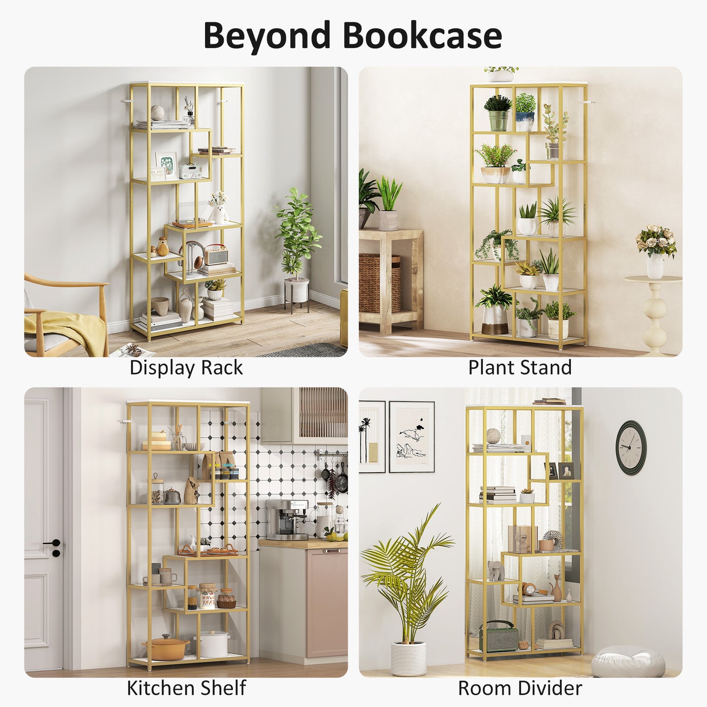 Lolaha Wood And Metal White And Gold Tone 7 Tier Geometric Display Bookcase