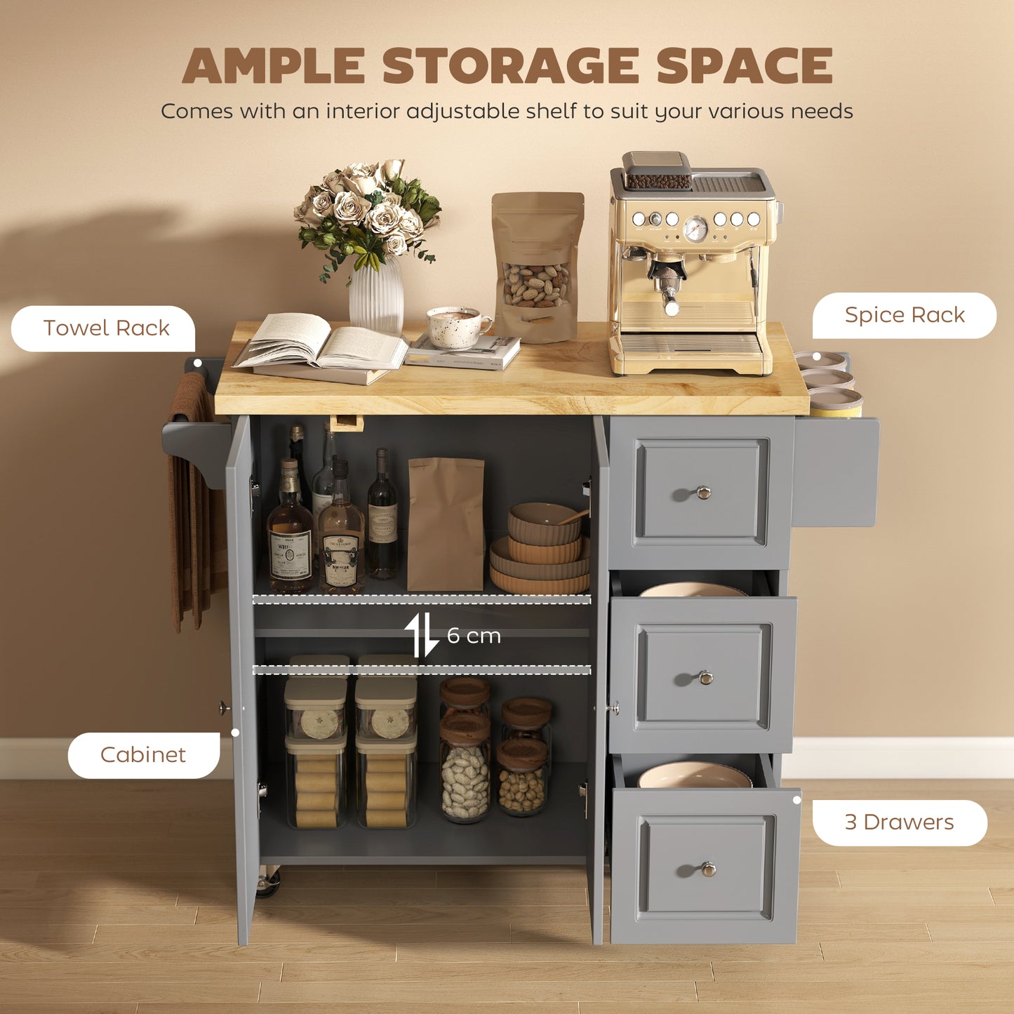 Norado Grey and Natural Wooden Rolling Kitchen Island With Drop Leaf Drawer Towel And Spice Racks