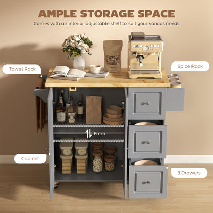Norado Grey and Natural Wooden Rolling Kitchen Island With Drop Leaf Drawer Towel And Spice Racks
