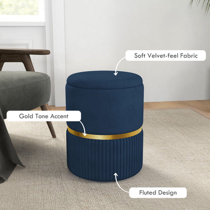 Pazima Velvet Blue Storage Ottoman With Soft Upholstered Finish Gold Accent