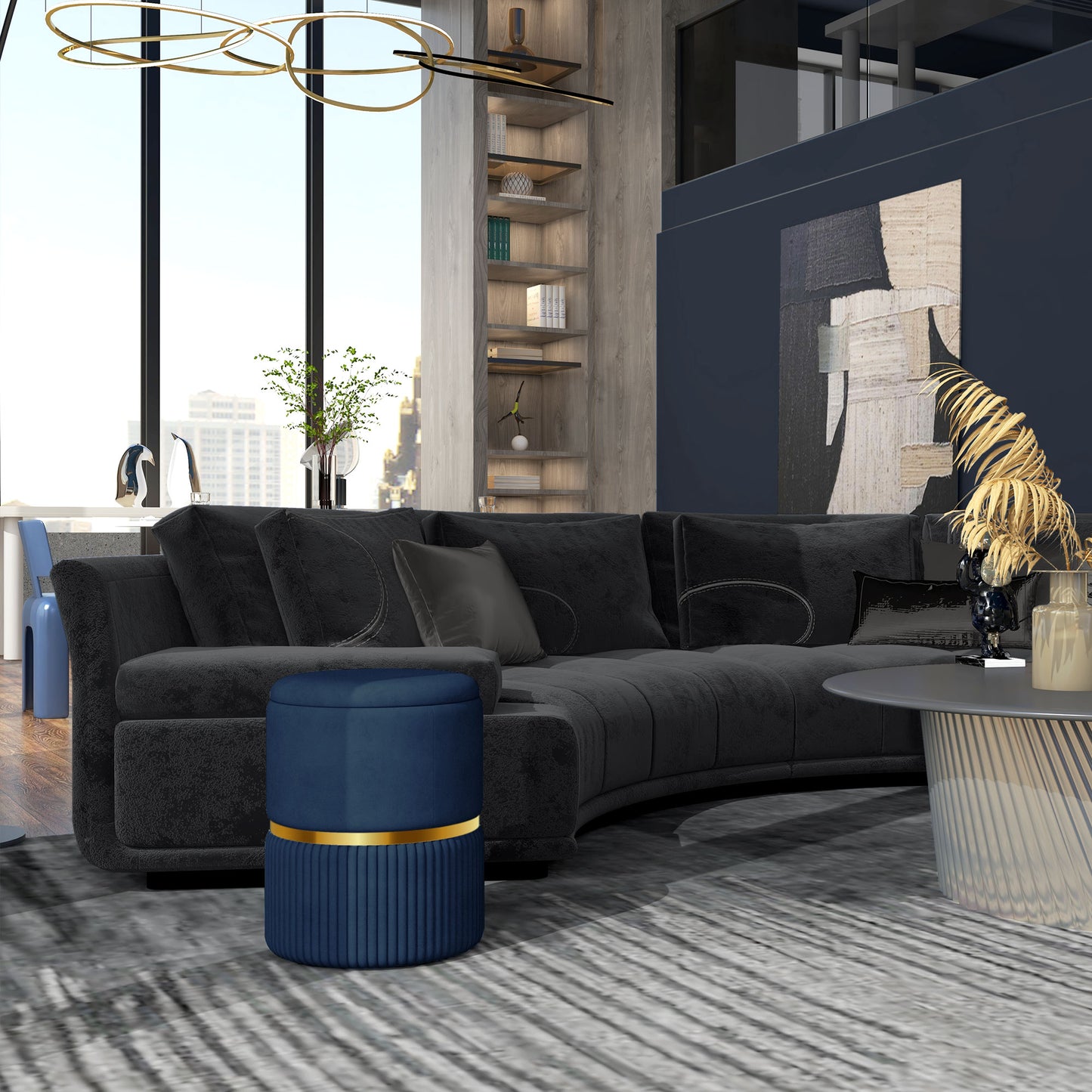 Pazima Velvet Blue Storage Ottoman With Soft Upholstered Finish Gold Accent