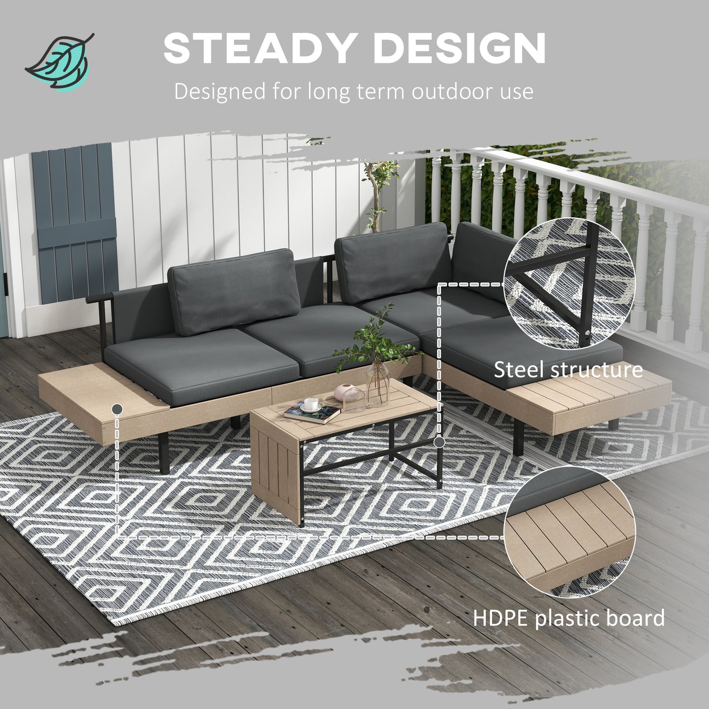Vivino Metal Grey 3 Piece L Shaped Outdoor Garden Sofa Set with Coffee Table and 2 Side Tables