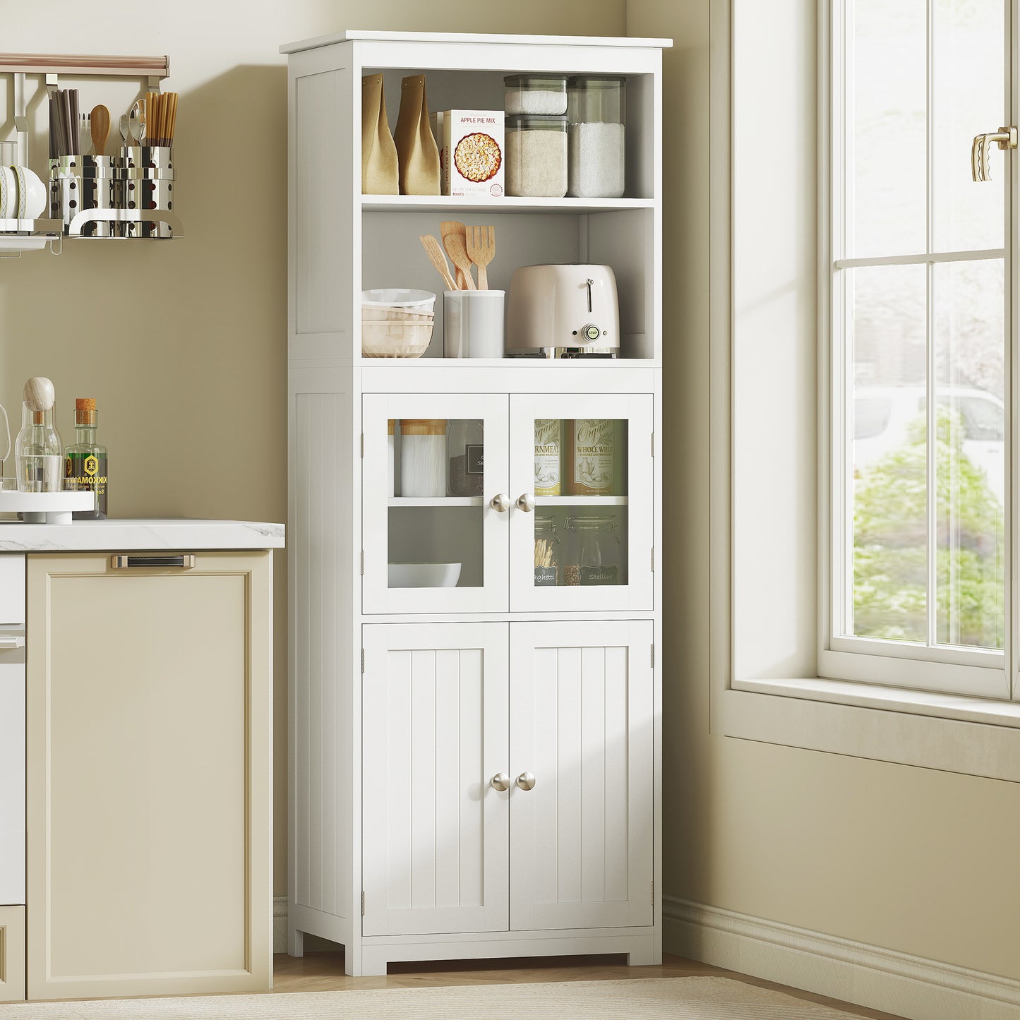 Doke Wooden White 4 Door Kitchen Cupboard With Glass Panels And Adjustable Shelves
