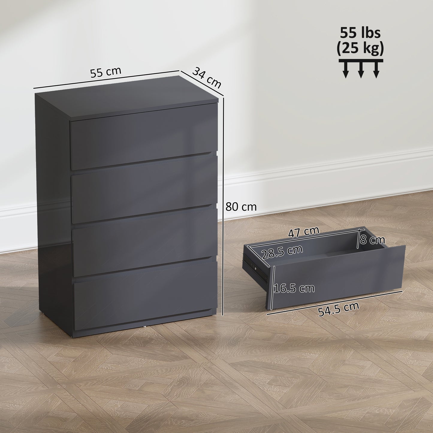 Recota High Gloss Grey 4 Drawer Modern Storage Chest